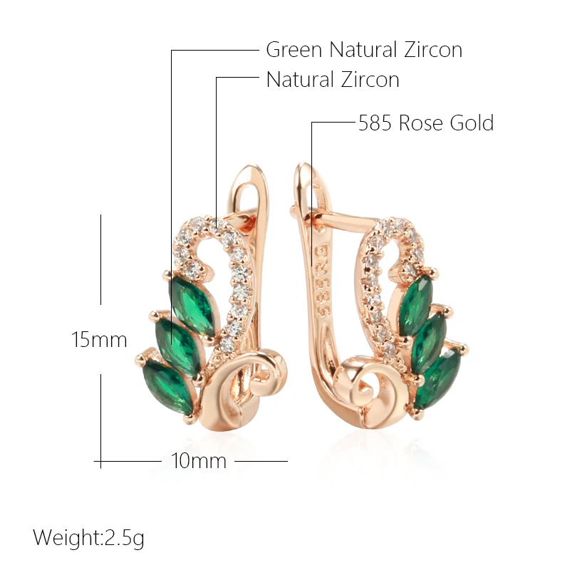 Kinel Luxury Green Natural Zircon Drop Earrings For Women 585 Rose Gold Color White Stone Daily Easy Matching Fine Jewelry Gift