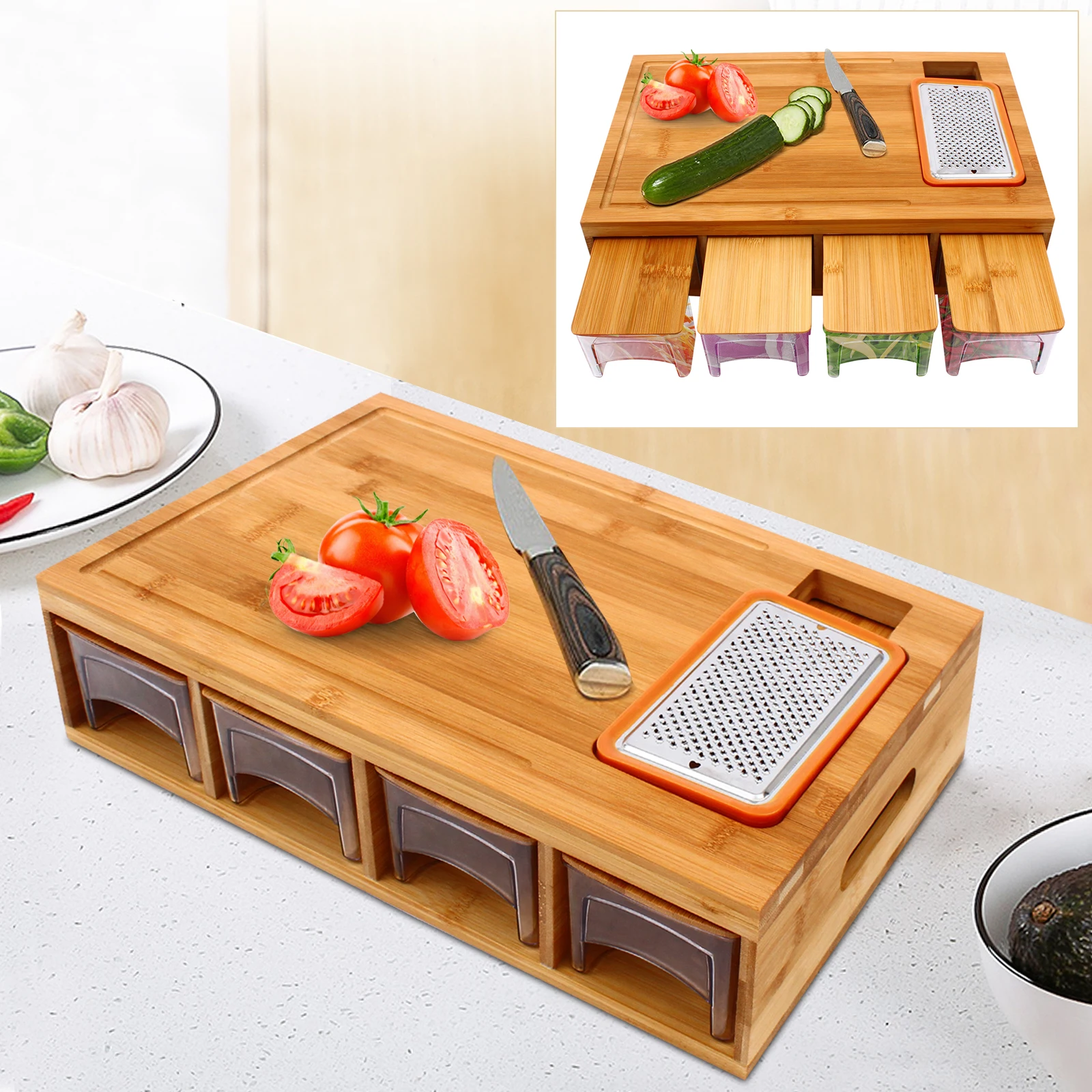 Multi-functional Storage Drawer Cutting Board - Bamboo Color 40*26*9.5  Bamboo Cover