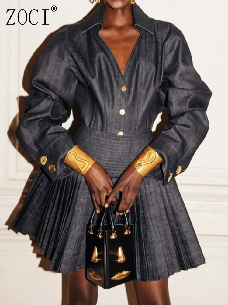 

ZOCI Runway-look Women's Denim Jackets Pleated Skirts Suit Sets Unique Design Female Long Sleeve Coats Skirts Suit 2025 New