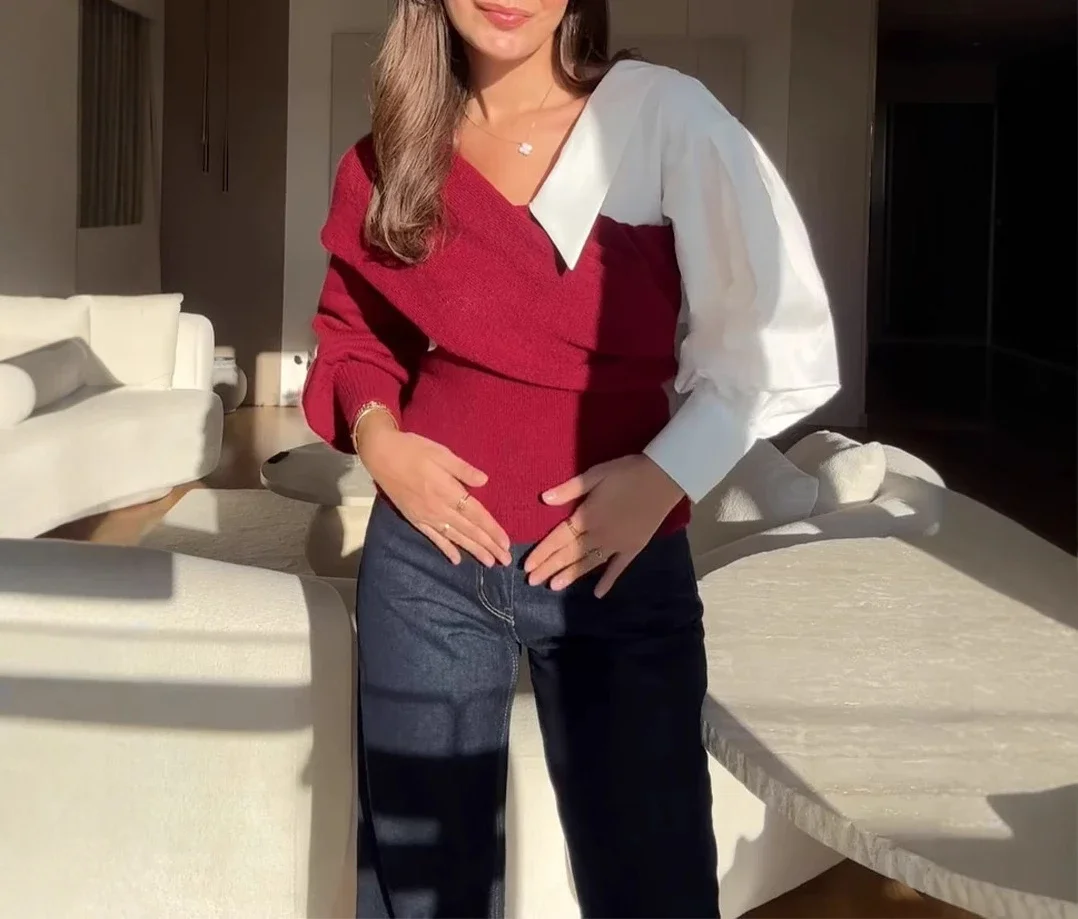 Long SleevedTops Woman New Temperament Color Blocking Design Elegant One Off Shoulder  Knitted Shirt Streetwear 2024 Autumn