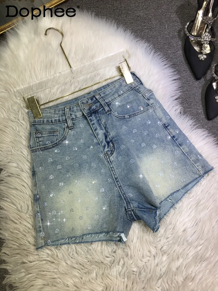 

Fashion Letter Rhinestone Women Shorts 2024 Summer Light Blue Stretch Washed Cotton High Waisted Hot Pants Denim Shorts Female