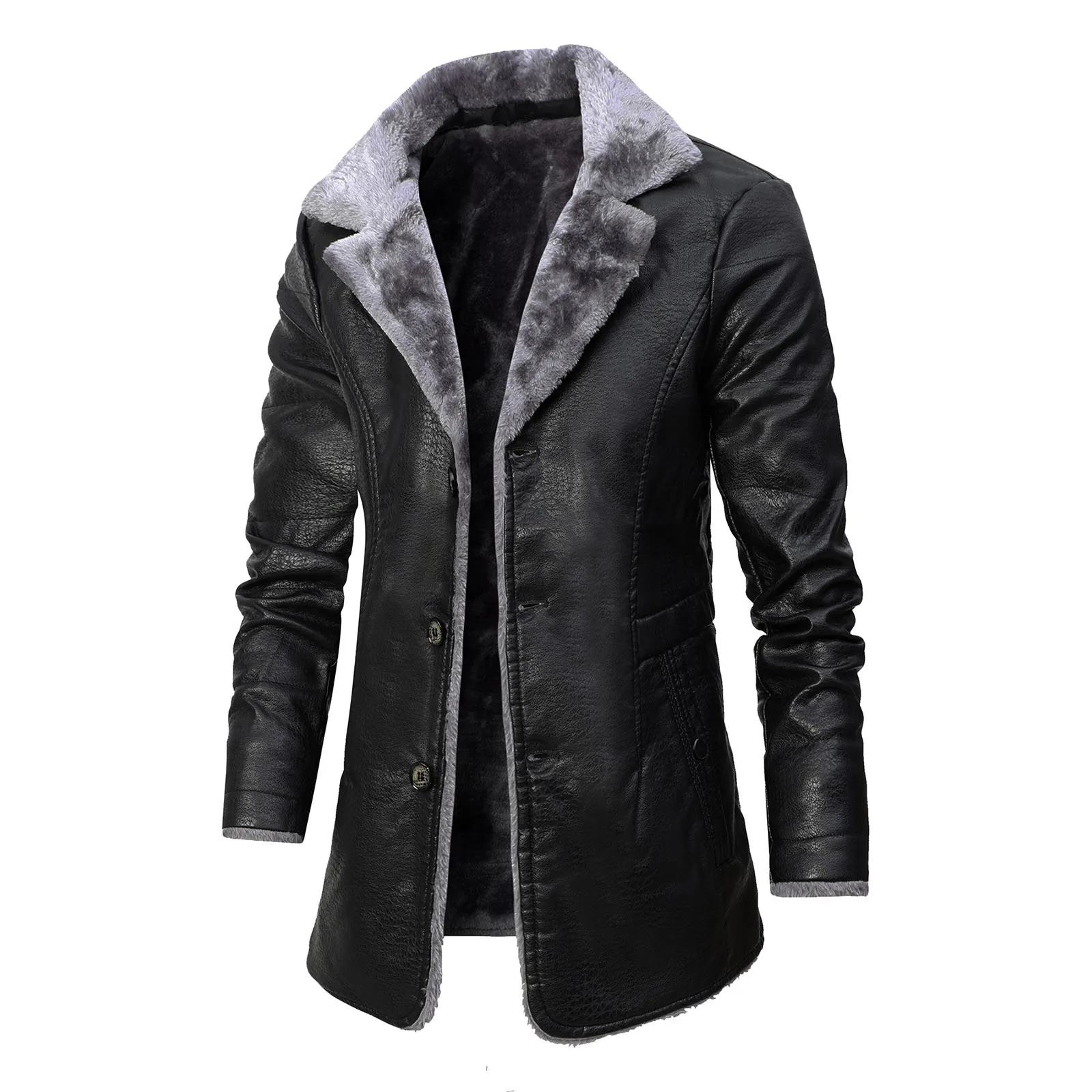 

Men's Streetwear Casual Men Winter Long Thick Fleece PU Leather Jacket Business Clothing Pocket Leather Jackets Coat Outwear Men