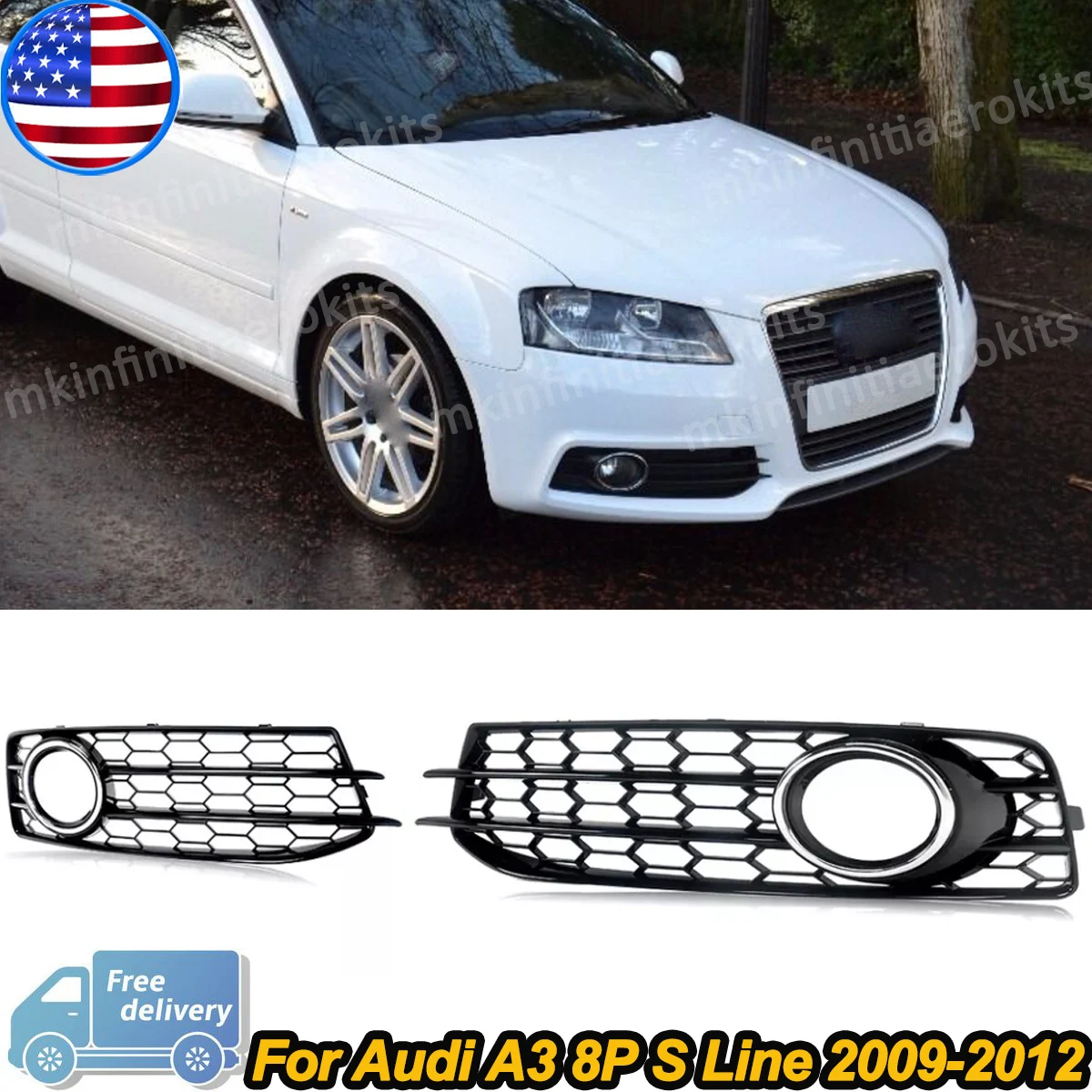 

For Audi A3 Fog Light Grille Cover 8P S-Line 2009 2010 2011 2012 Front Bumper Fog Light Honeycomb Grid Frame Grill Refit
