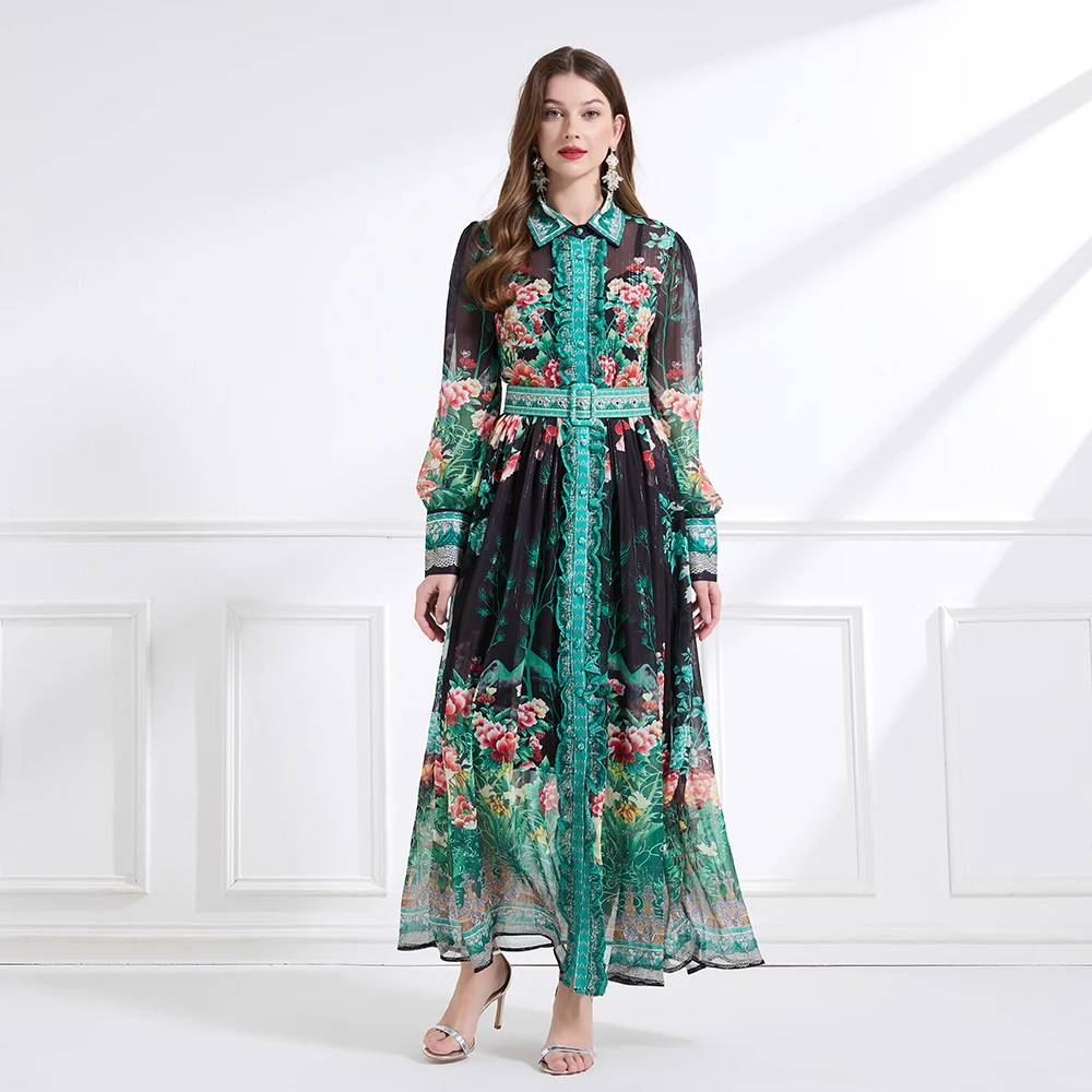 2025 primavera/verão chiffon camisa gola impressa vestido longo vintage manga longa lanterna cintura-emagrecimento vestido conjunto de duas peças