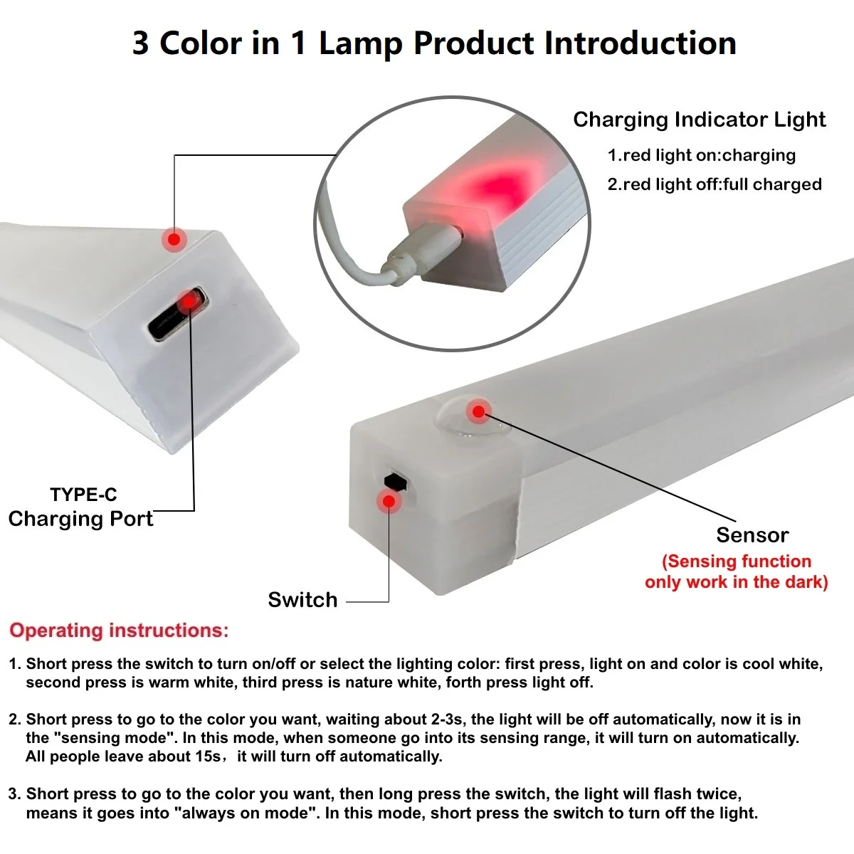 Motion Sensor Wireless LED Night Light USB Rechargeable Long Strip Bar Lamp for Kitchen Cabinet Wardrobe Bedside Staircase Tube