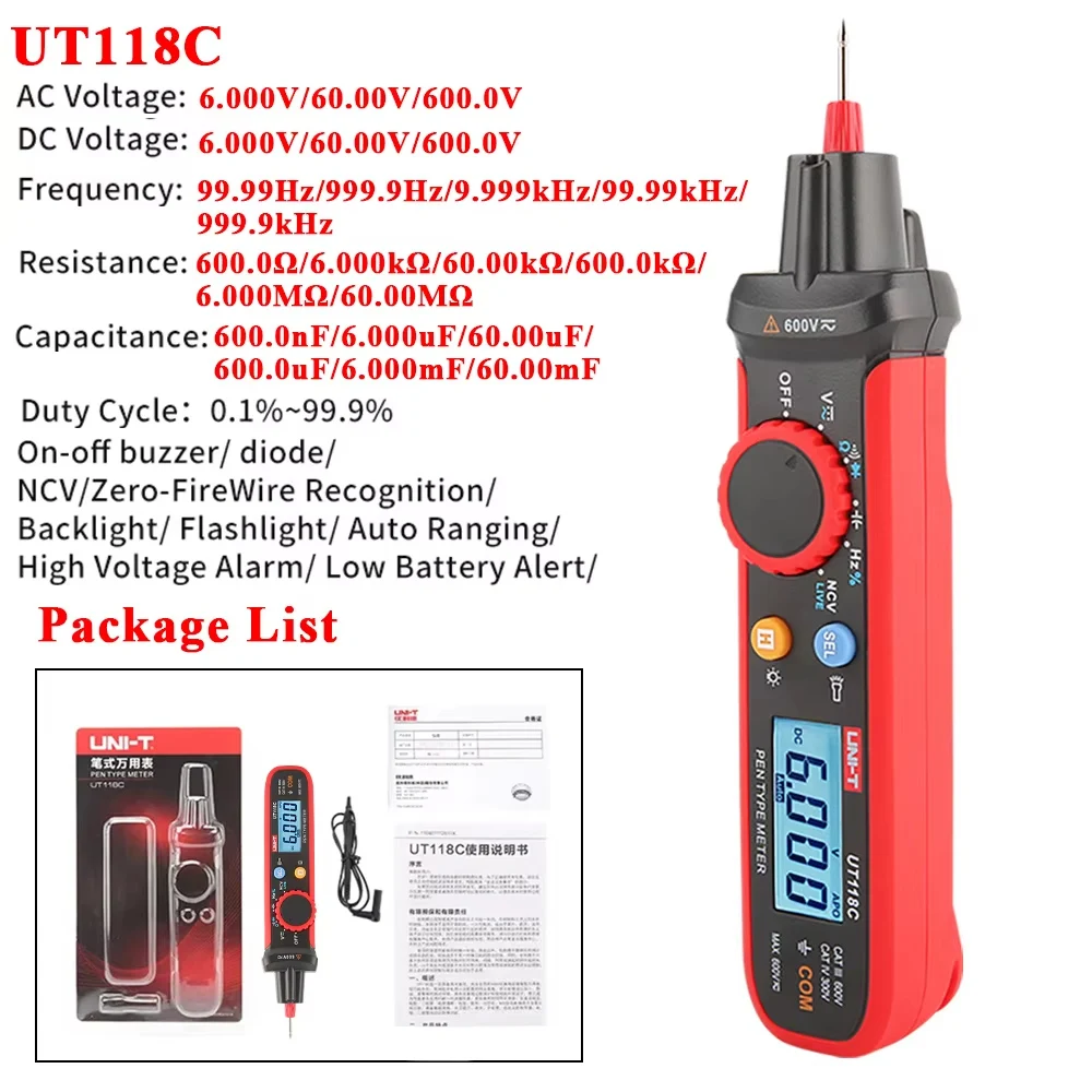 UNI-T UT118C Pentype Multimeter Digitale 6000 Telt AC/DC Spanning Weerstand Capaciteit Frequentie Diode EF NCV Multitester