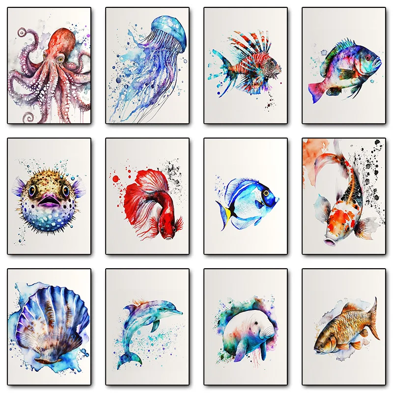 Sea Animal Angler Fish Octopus Dolphin Jellyfish Puffer Watercolor Poster Wall Art Pictures Canvas Painting Room Home Decor Gift