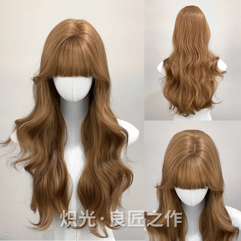 シャンパンカラーの女性用ロングヘアウィッグ、通気性がありゆったりとしたフィット感、リアルなフルヘッドピース