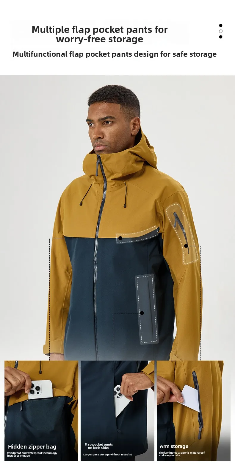 Herbst- und Winter-Hardshell-Windbreaker Winddichte Regenfeste Atmungsaktive Outdoor-Wander- und Bergsteiger-Skijacke mit Kapuze – Detail 7
