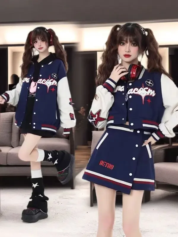 春秋のニューストリートオリジナル秋冬カレッジハイストリートレトロ野球ジャケット女性 JK 制服セット