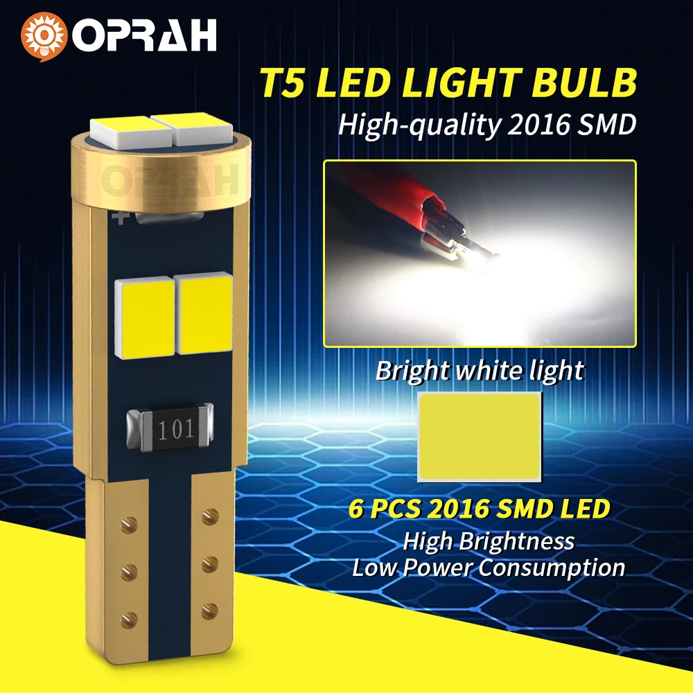 10pcs T5 Led Bulb W3W W1.2W Led Canbus 2016 6 SMD Car Interior Lights Dashboard Indicator Wedge Auto Instrument Panel Lamp 6000K