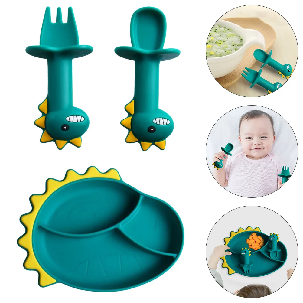 3 Pcs Silicone Plate Baby Dinosaur Training Cutlery Toddler Tableware Grid Shape Silica Gel Eating