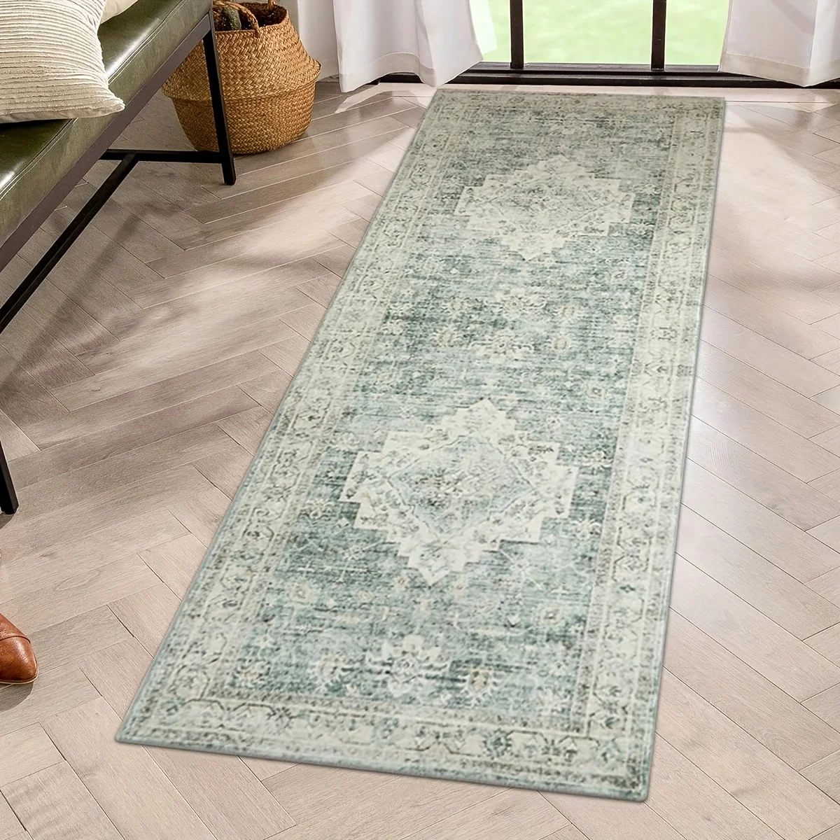 Bohemian Style Washable Runner Mat-Non-Slip Soft TPR & Polyester Mat with Floral Pattern for Hallway Bedroom Bathroom 8mm Thick