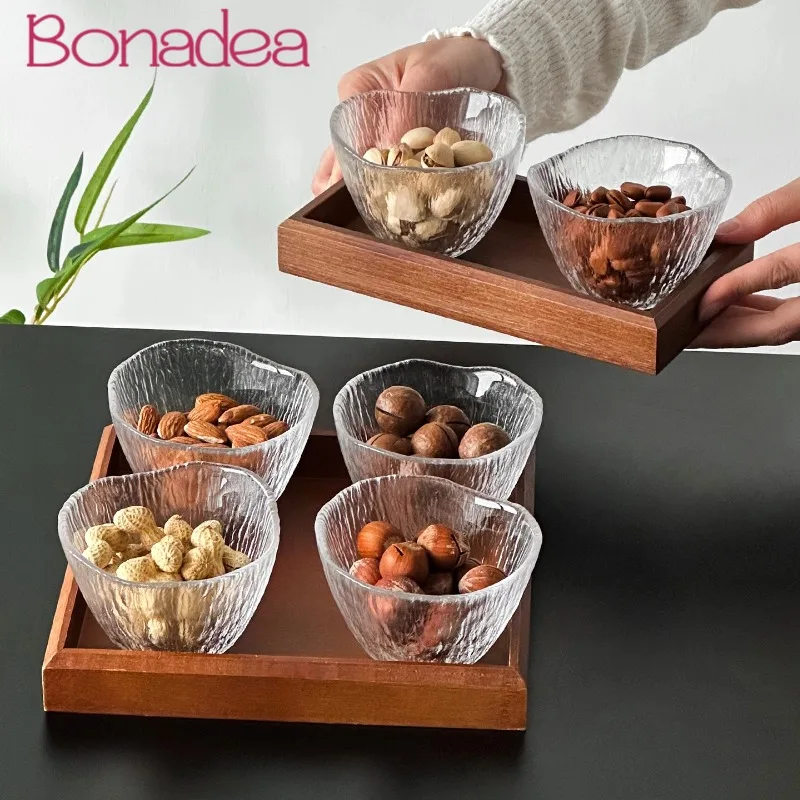 Vasos de vidrio transparente, bandeja dividida para nueces, juego de platos de frutas secas, bandeja de exhibición para aperitivos y frutas, cuencos de vidrio con estampado de lluvia, herramientas para el hogar