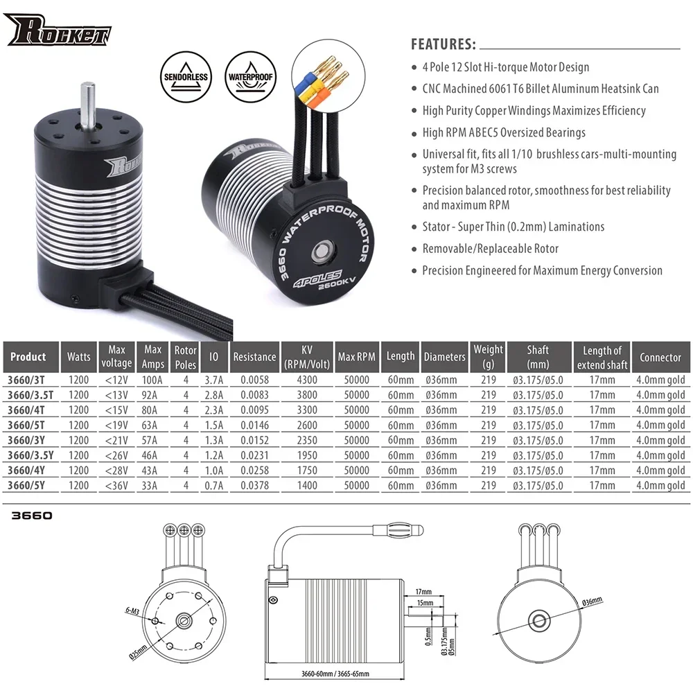 SURPASS HOBBY Rocket 3660 Motore Brushless Impermeabile 2600KV 3300KV 4300KV per 1/10 RC Drift Crawler Traxxas Lexus Modello di Auto