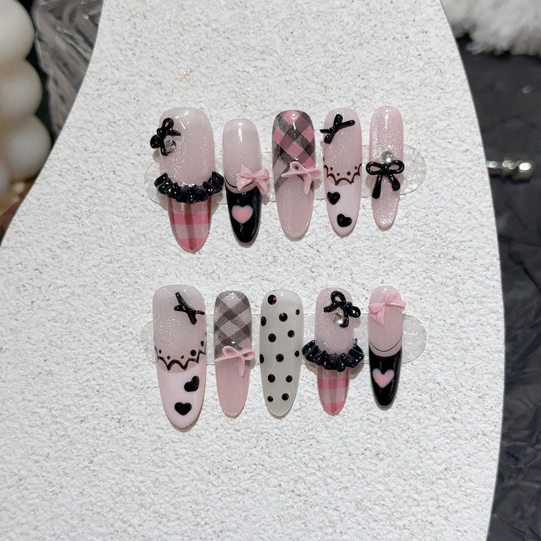 10 قطعة الصحافة الفرنسية اليدوية على الأظافر الحلو لطيف الوردي القوس اللؤلؤ تصميم وهمية مسمار نصائح يمكن ارتداؤها Ins الكورية التوابل الفتيات الأظافر كاذبة #6