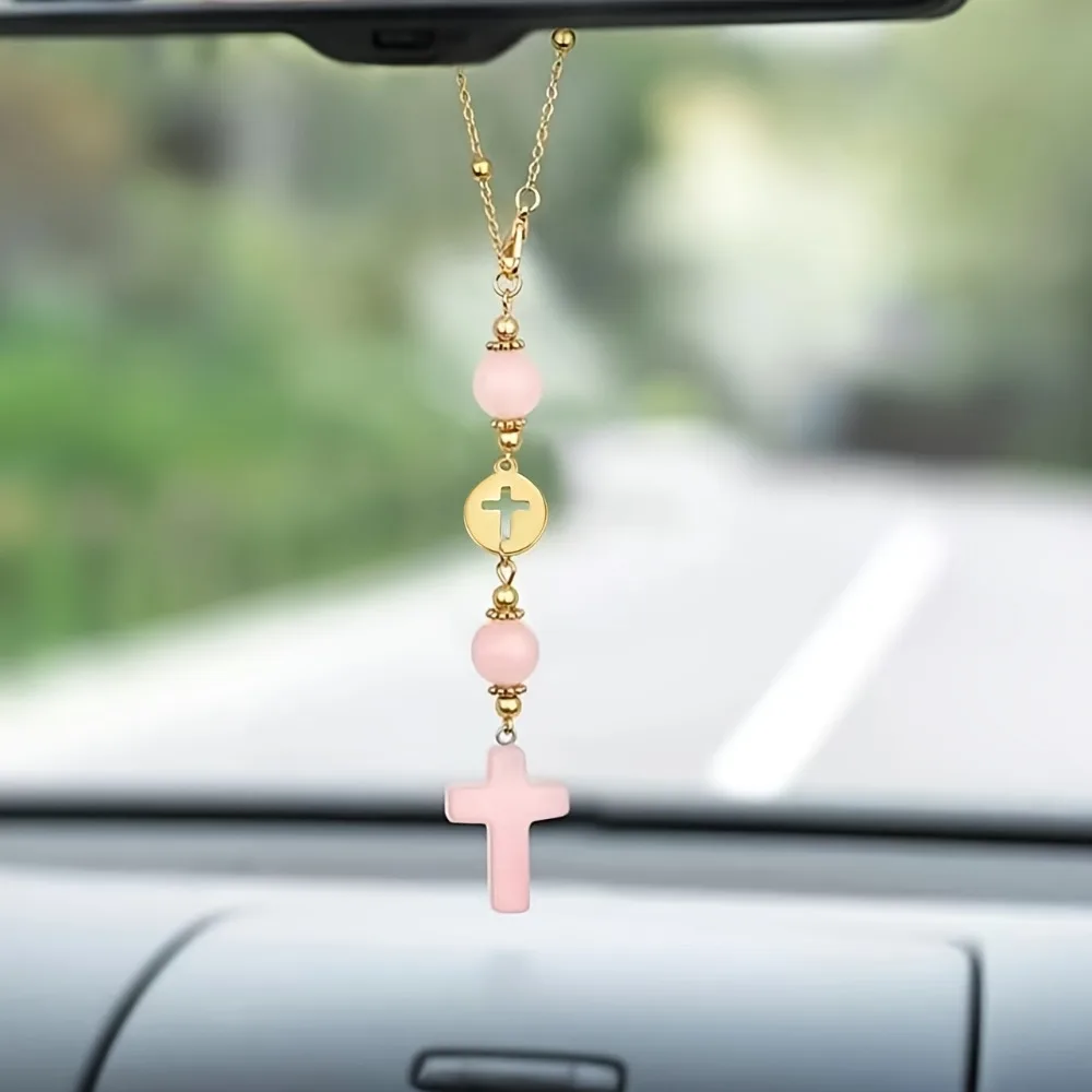 Cross Crystal Hanging Decoration Cars Cute Healing Stone Rearview Mirror Decoration Bohemian Style Handmade Catcher Accessories