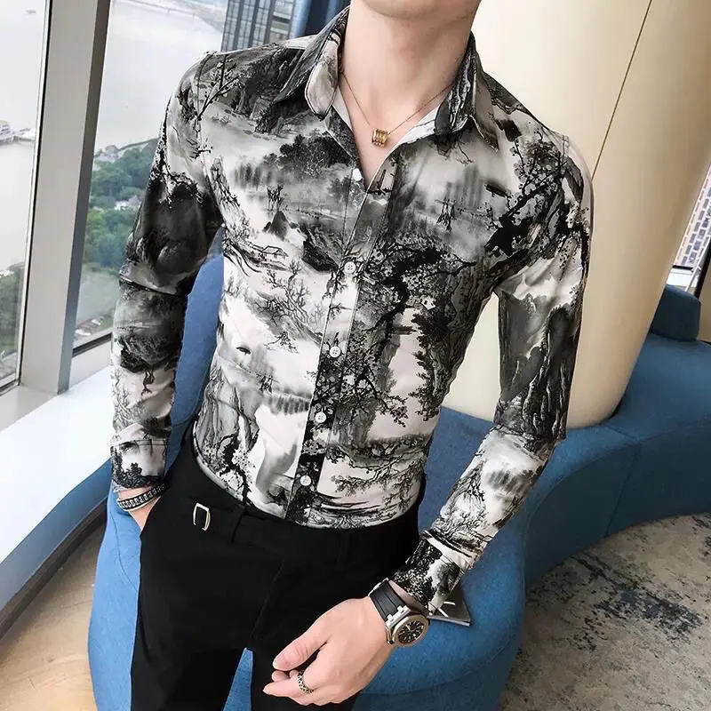 Spring Summer Korean Fashion Trend Fashion Printing Shirt Men Long Sleeve Csual All-match Blouse Homme Vintage Cardigan Top Men