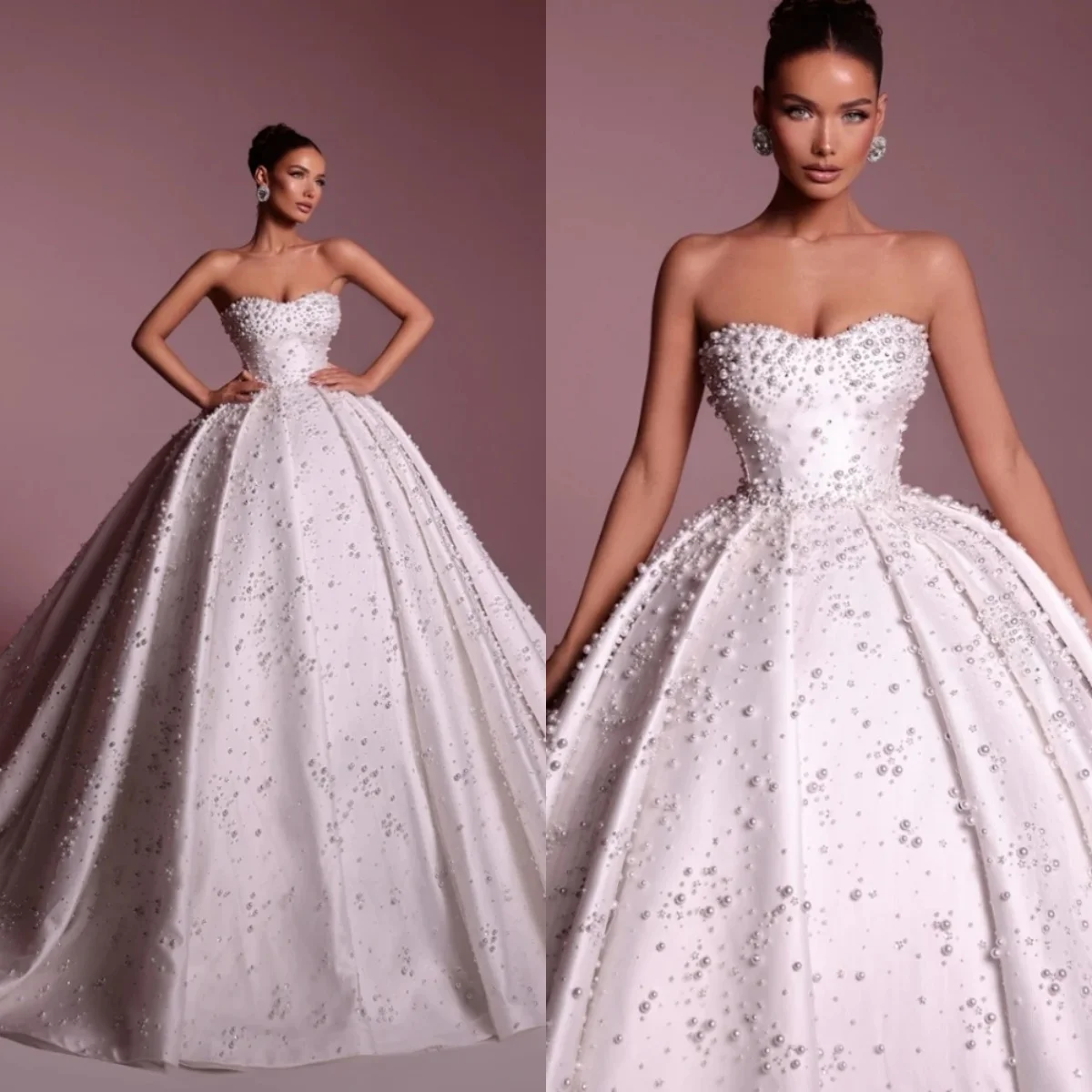 

Gorgeous Ball Gown Wedding Dress For Women Sweetheart Neck Sleeveless Bridal Gowns Pearls Beaded Sweep Train Dresses Customized