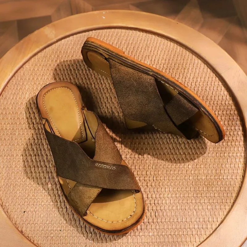 High End Washed Genuine Leather Slippers Men's Shoes Summer Outdoor Wear Handmade Sewn Flat Beach Casual Sandals Male Open Toe