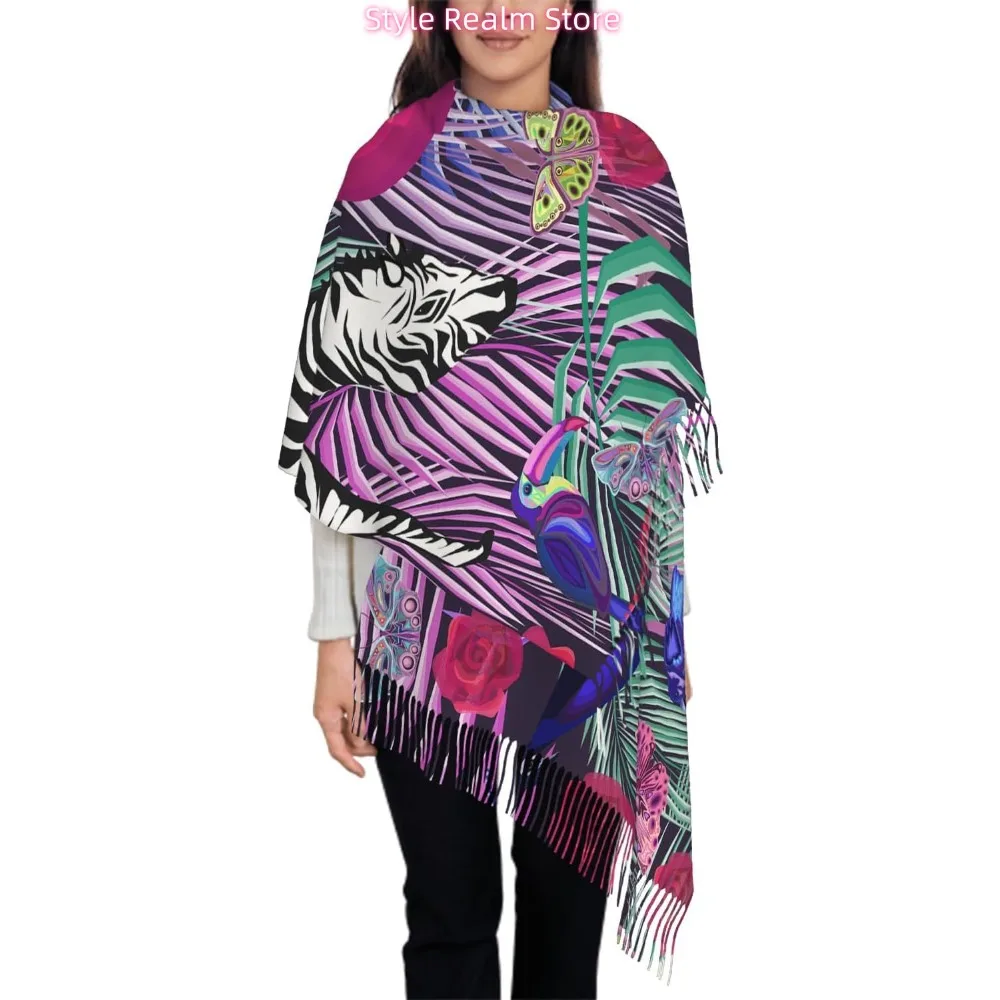 

Шарф большого размера для женщин, цветочный цветок, фиолетовый цвет чернослива, шарф с кисточками, осенне-зимняя шаль, накидки