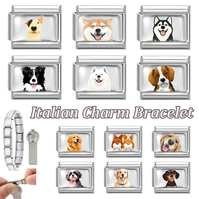 Cute Husky Corgi Border Collie Labrador Dog Flower Italian Charm Links Fit 9MM Stainless Steel Bracelet DIY Jewelry Making Gifts