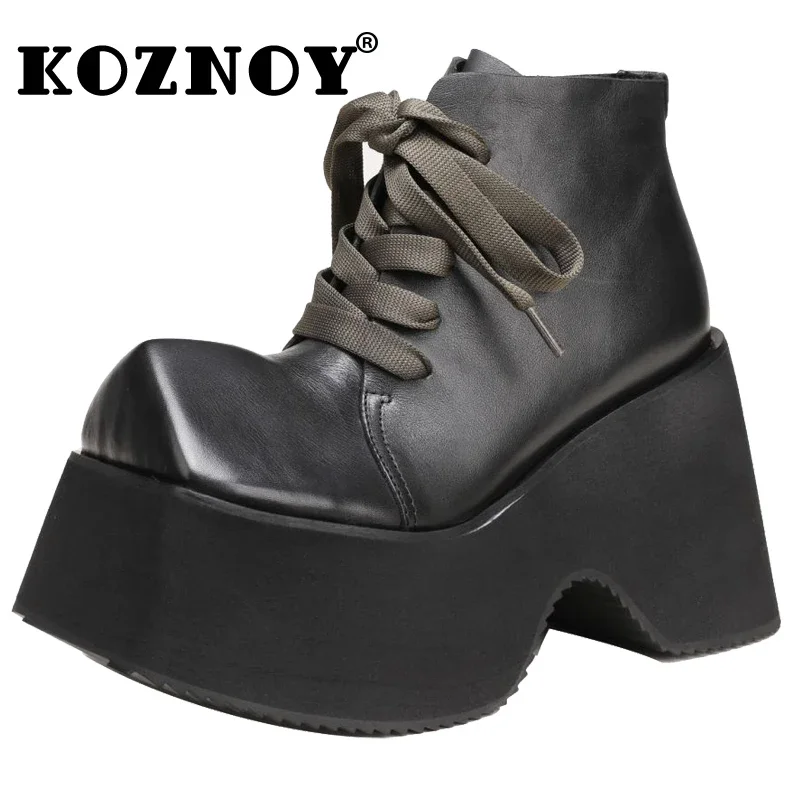 Koznoy Women High Boots 10.5cm Moccasins Boots Ethnic Platform Ankle Spring Big Strange Toe Genuine Leather Autumn Fashion Shoes