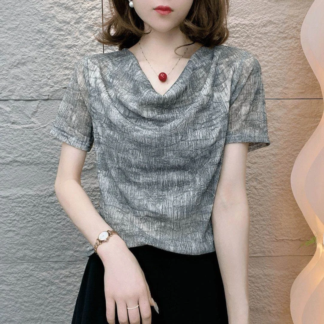 

Ele, летняя новая футболка Sle Svel, эластичная кружевная футболка большого размера, верхняя одежда Faion ort, женская моя, полиэфирное волокно