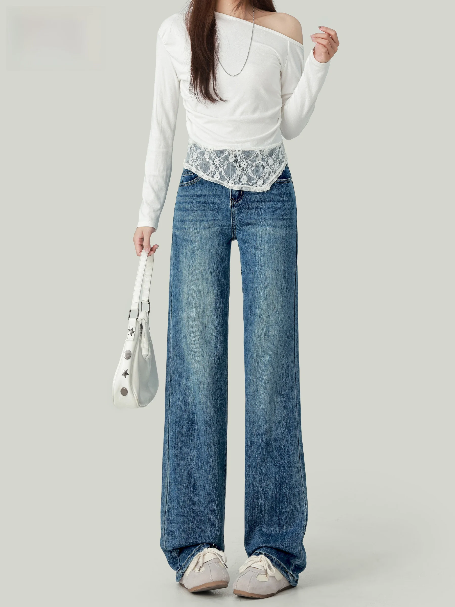 

Retro High Waist Stretchy Straight Leg Jeans Women's Slimming Tall Narrow Version Smoke Tube Pants Casual Style Button Craft