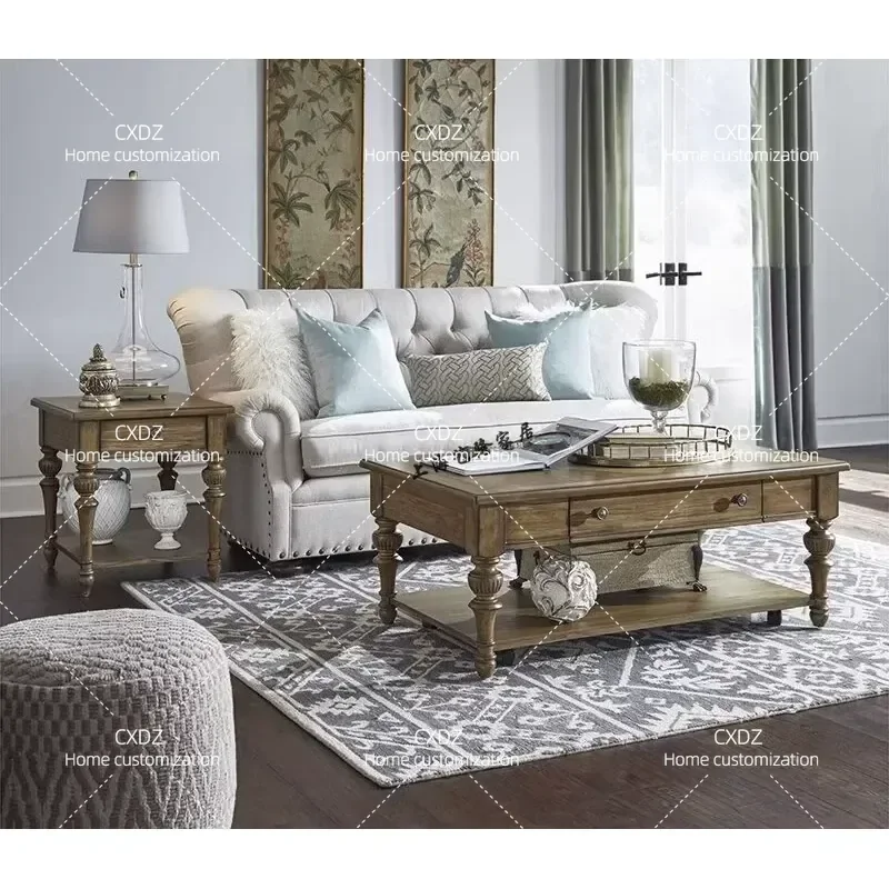 Rural Solid Wood Coffee Table Modern Simple Rectangular Living Room Furniture Light Luxury Old Square Side Table