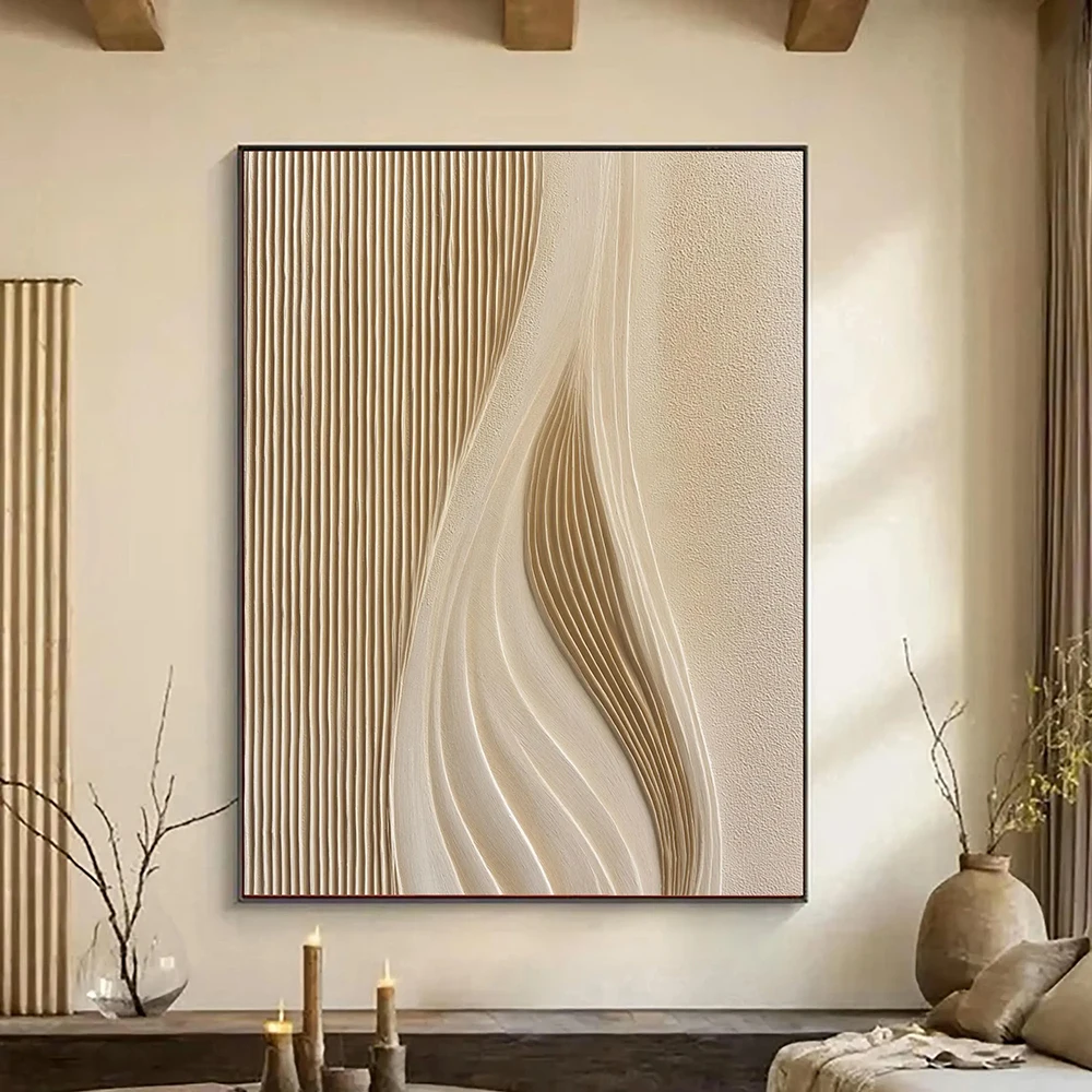 Beige textured painting abstract line decorative art,  modern minimalist living room bedroom decor, no frame