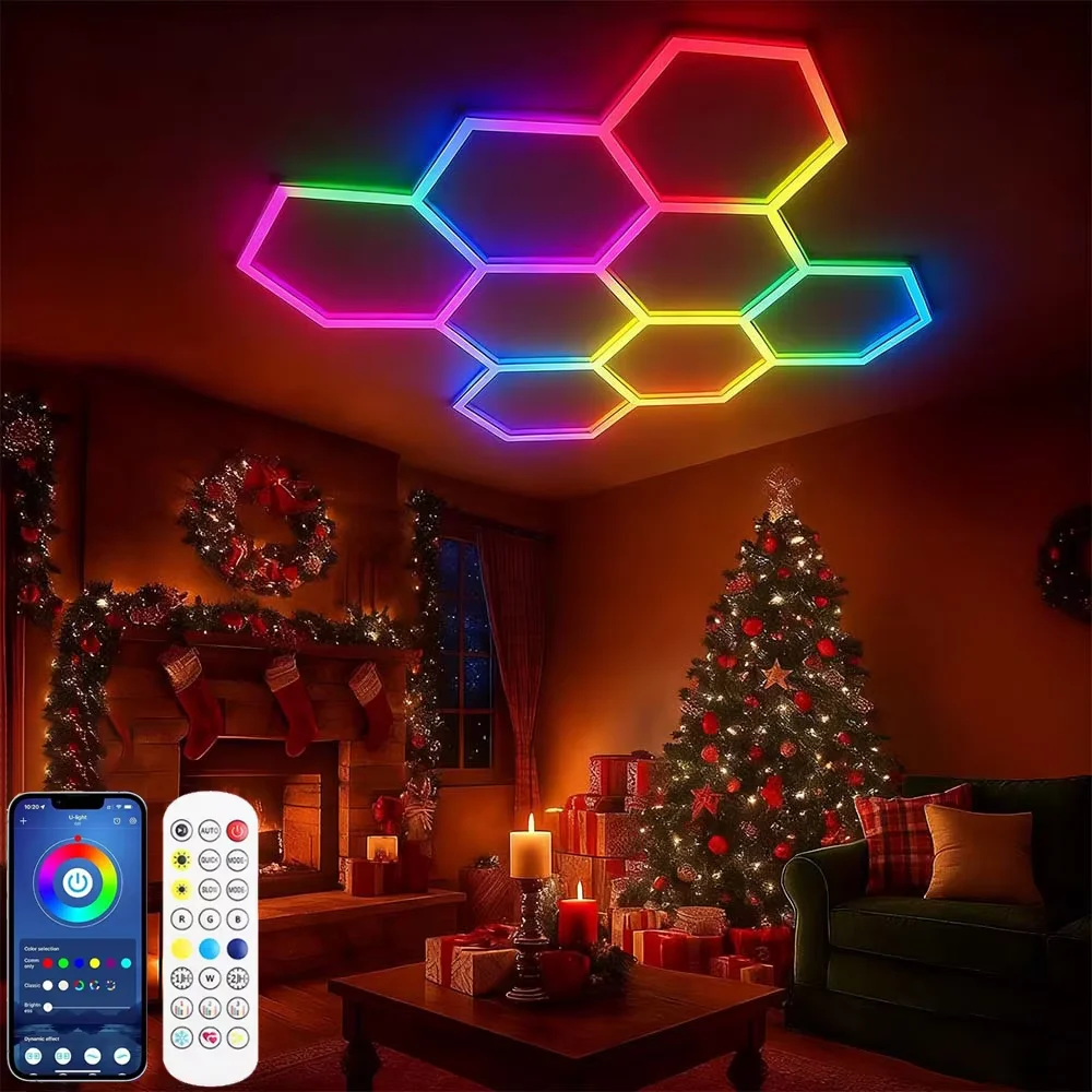 Christmas home LED lights with multi color honeycomb hexagonal RGB lights, equipped with a mobile app and remote control
