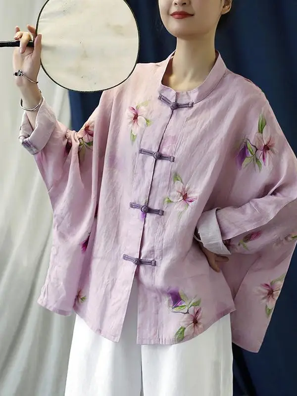 

Women's Linen Shirt Vintage Button up Ethnic Style Sleeveless Coat Loose Fit Regular Length Long Sleeve Stand Collar Autumn Wear