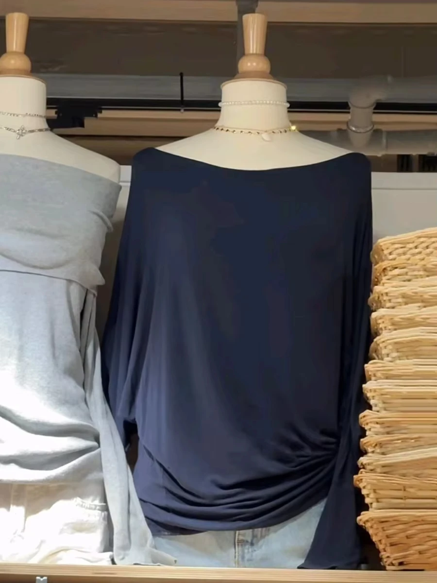 Camisetas de manga larga estilo murciélago para mujer, camisetas de algodón con cuello oblicuo, camisetas informales sencillas que combinan con todo, camisetas Y2k