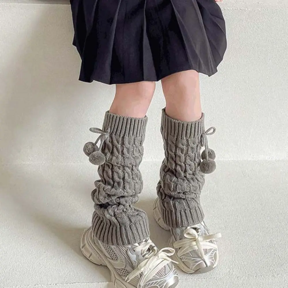 Kawaii Korean Style Children's Leg Warmers Balletcore JK Knitted Leg Cover Long Stockings Harajuku Plush Ball Leg Socks Baby