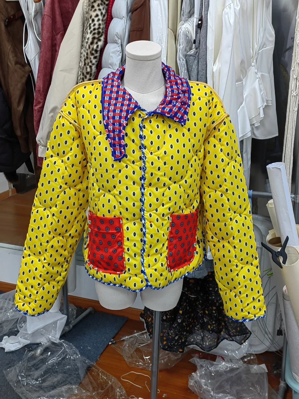 Reversible Jacket Retro Print Color Block Coat Woman Lapel Collar Top Striped Patch Pocket Outerwear Winter Autumn Clothes