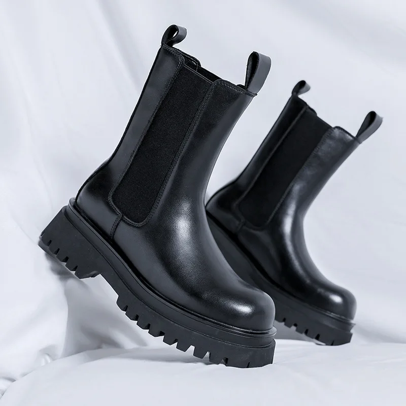 

men fashion high chelsea boots genuine leather shoes stage nightclub dress cowboy platform boot handsome long motorcycle botas