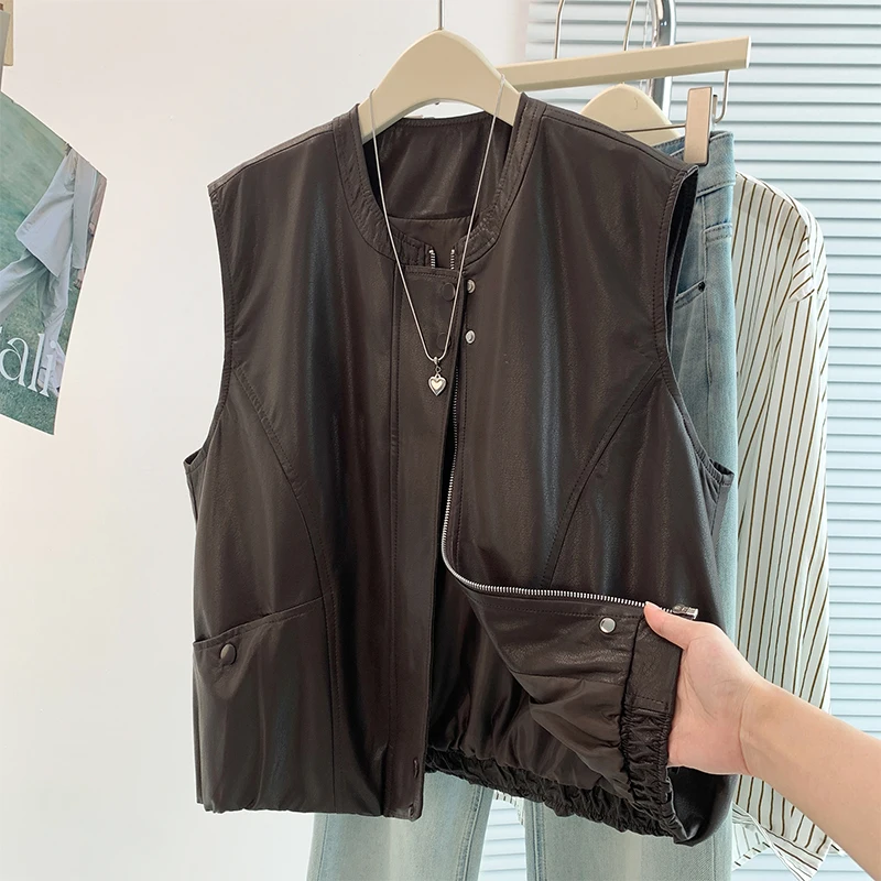 Soft Korean Fashion Design PU Leather Vest Women's Loose Fit Sleeveless Outerwear Top Autumn New Style plus Size Versatile