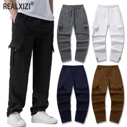 Men's Multi-Pockets Sweatpants Autumn Winter Drawstring Straight Fit Pants Running Jogger Sports Gym Trousers Male Loose Pants