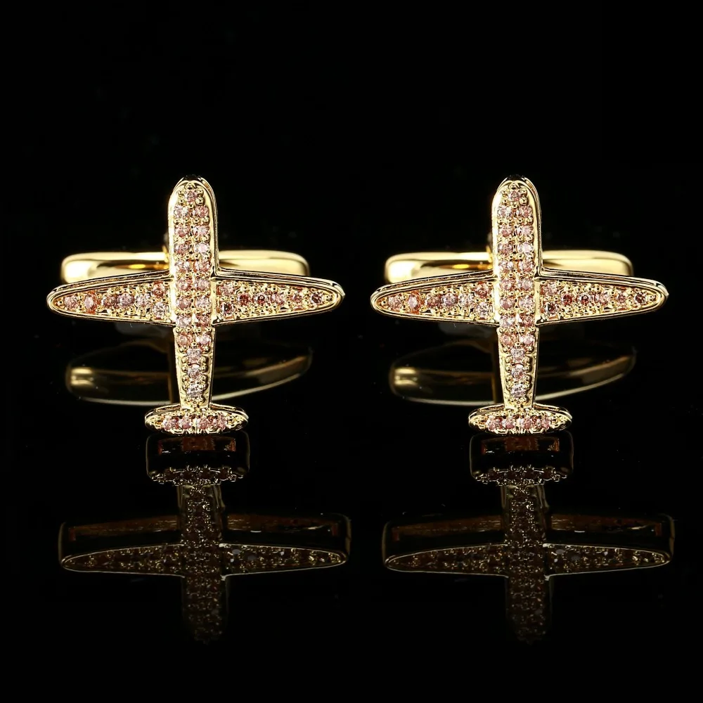 A Pair Fashionable Gold Airplane Cufflinks for Men Stylish French Cuff Shirt Studs with Zircon Accents Perfect for Gentlemen