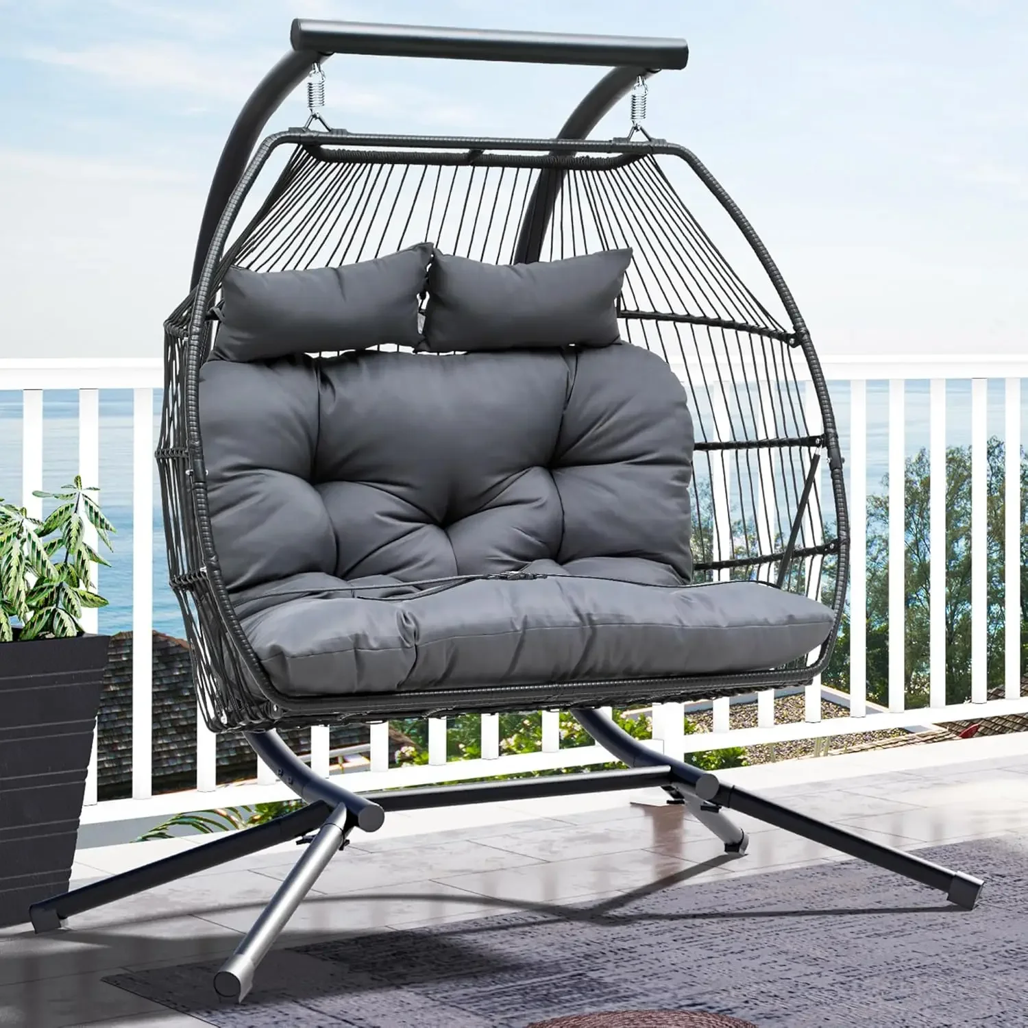 Wicker Hanging Egg Swing Chair w/ Stand, Indoor Outdoor Hammock Egg Chair w/ Cushions for Patio, Bedroom, Balcony - Dark Gray