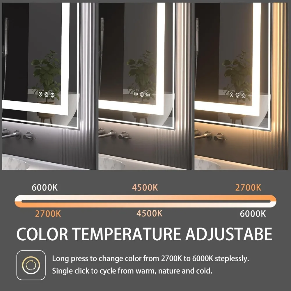 مرآة زينة LED مضادة للضباب قابلة للتعتيم، مرآة حمام أمامية وخلفية 32 × 24، درجة حرارة اللون 2700 كلفن - 6000 كلفن، جودة ممتازة