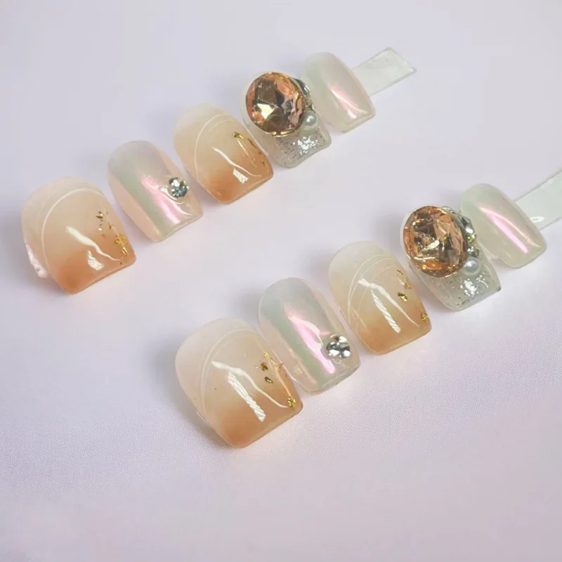 Gradiënt Bruin Blush Korte Vierkante Ronde Pure Handgemaakte Pers Op Nagels Verwijderbare Nail Art Meisjes Cadeau