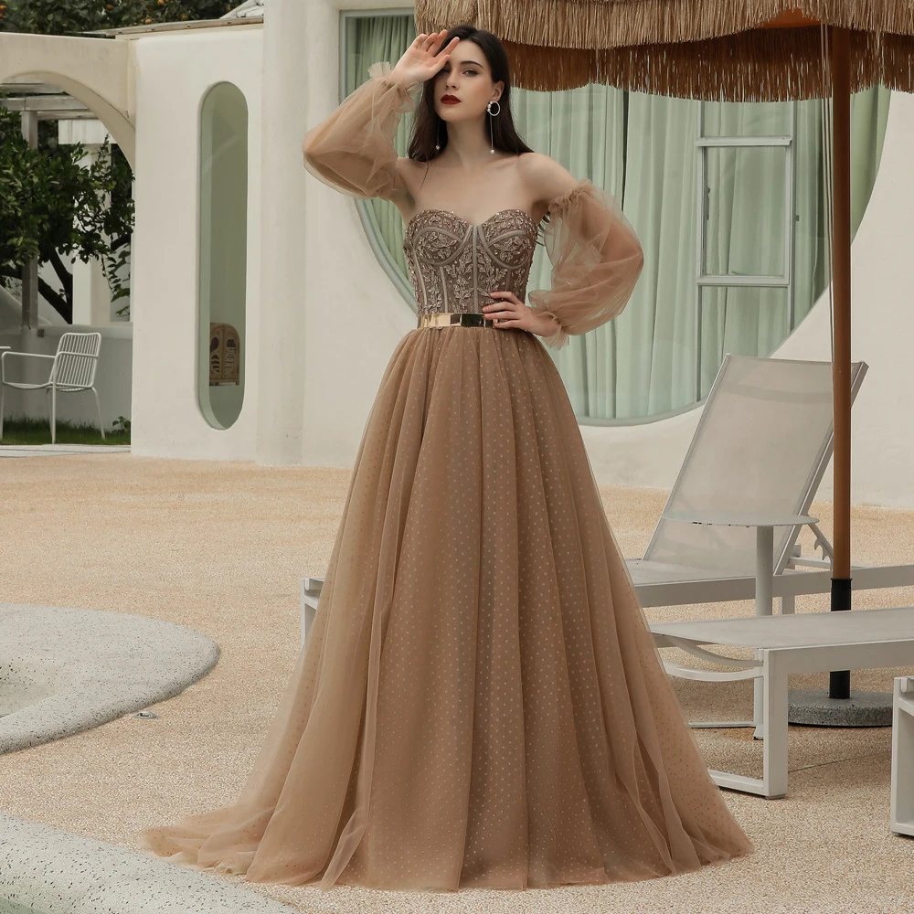 Luxury Sweetheart Long Evening Dress 2023 Women's Detachable Train Sleeve A-Dot Tulle Champagne Vintage Formal Dress With Ball V