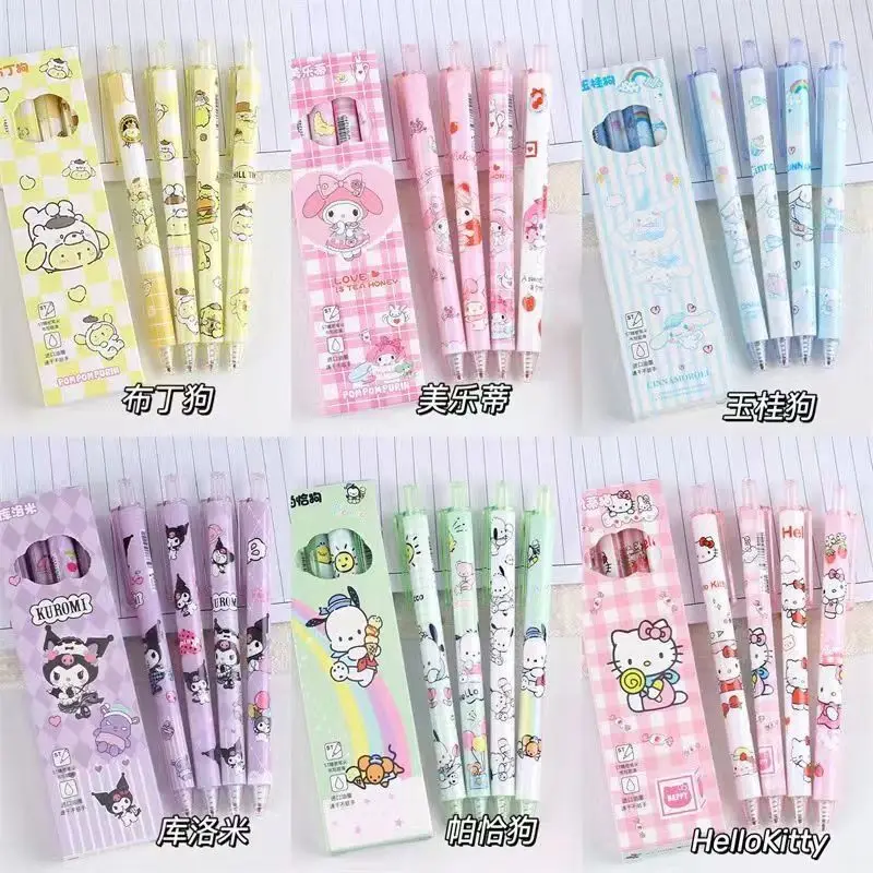 

4Pcs Sanrio Hello Kitty Gel Pen Black Quick Drying Kuromi Cinnamoroll 0.5Mm Press Ballpoint Pen Student School Stationery Gift