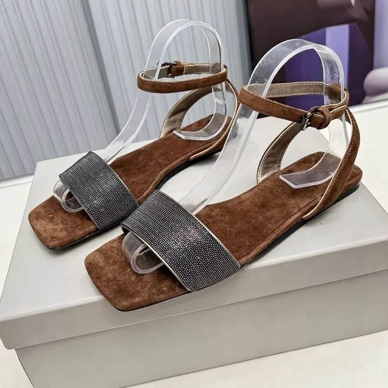 Summer Suede String Bead Flat Sandals Women's Square Toe Ankle Strap Sandalias Fashion Outdoor Vacation Casual Shoes 2025