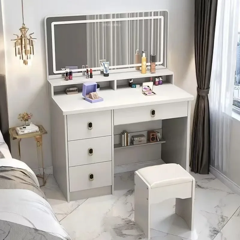 Modern Simple Integrated Makeup Table LED Light Push Pull Mirror Storage Cabinet Dresser for Bedroom Small Apartment