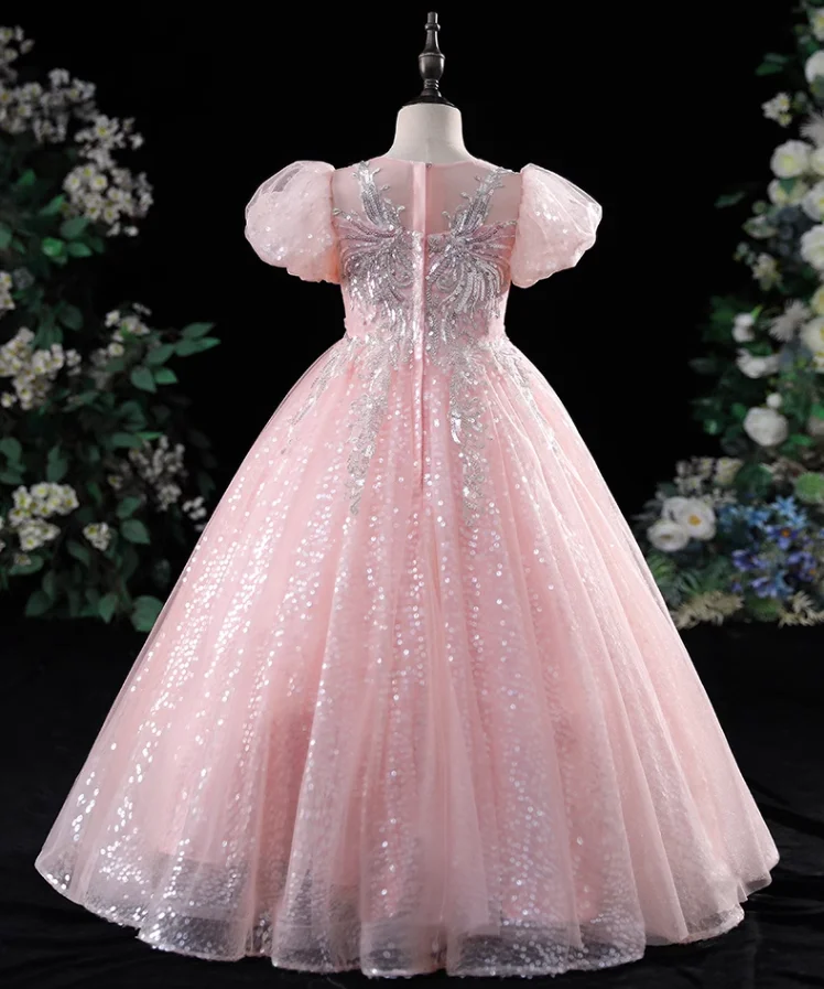 IRIDESCENT Pink High Scoop Flower Girl Dresses 3D Flowers Zipper Ruffled Tulle Backless For Wedding Pageant Gowns Kids Birthday