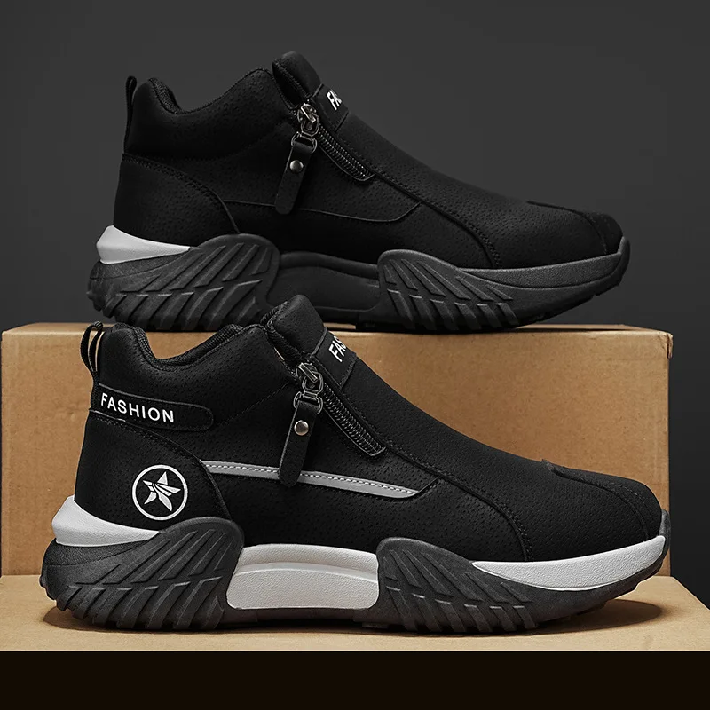 New Men Autumn Side Zip High-top Ankle Boots Waterproof Anti-slip Wear Resistant Outdoor Commuter Casual Sports Shoes