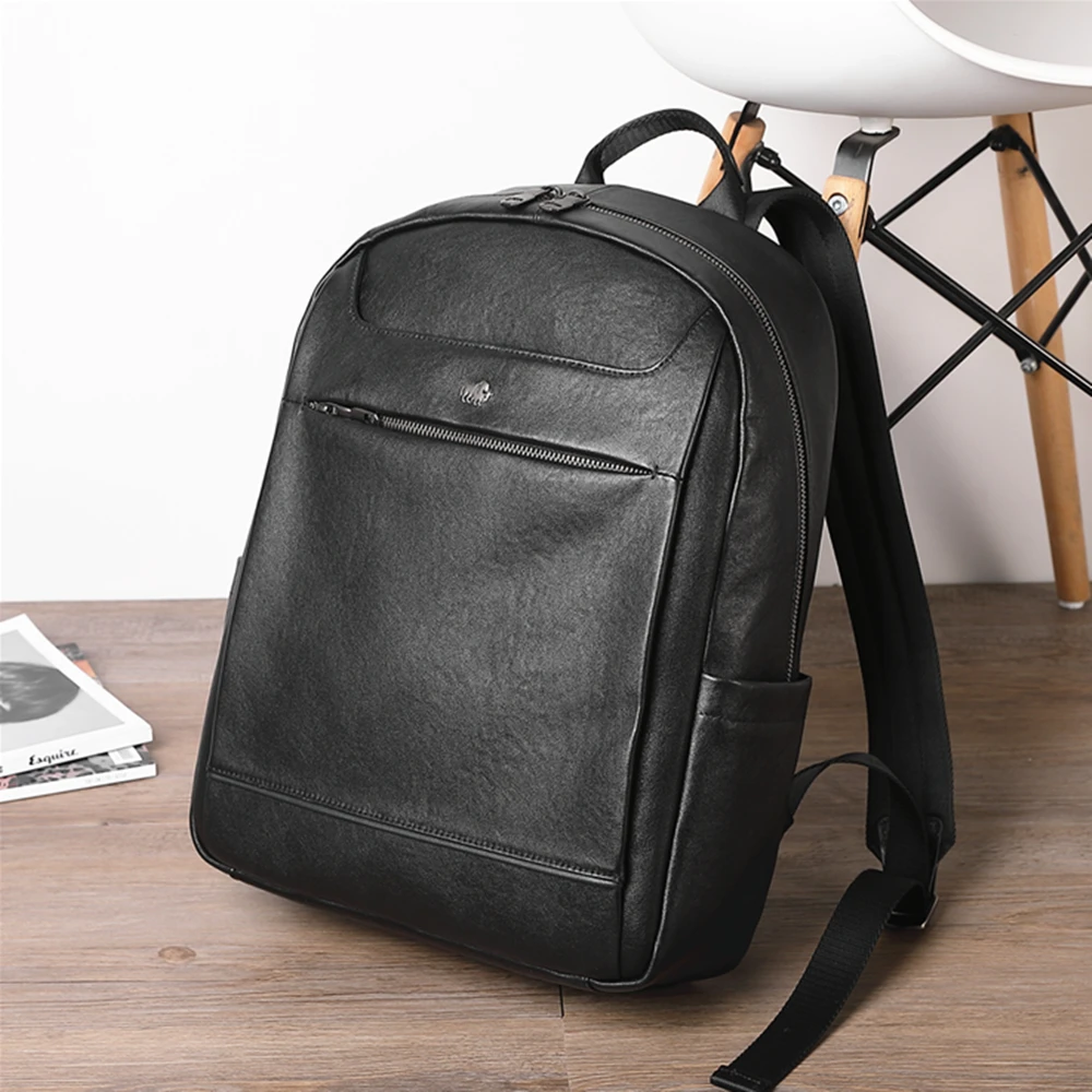 BISON DENIM Retro Genuine Leather Men\'s Backpack Business Outdoor Travel Cowhide Schoolbag Men Women Computer Notebook Bag